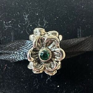 Sterling Silver Flower Charm Bead with Green Stone – Fits Pandora Bracelets